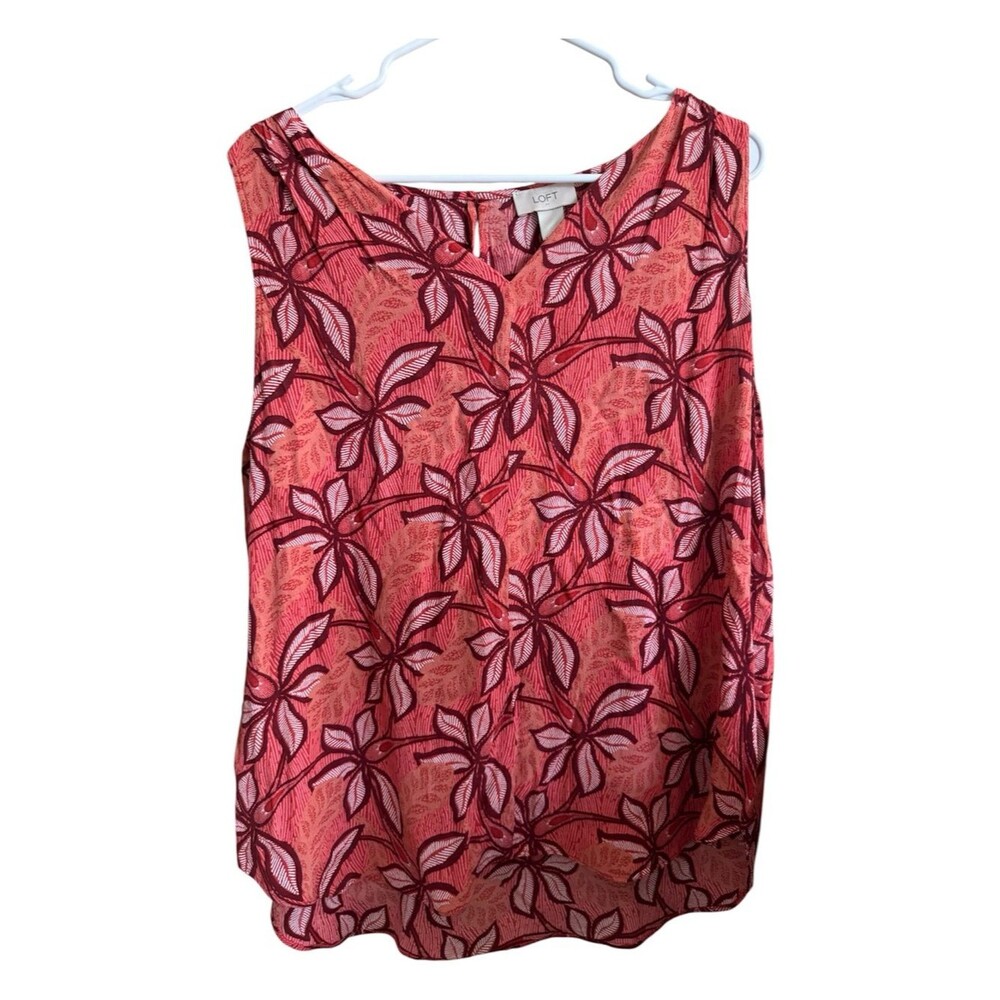 LOFT Floral Sleeveless Blouse Pink Red Ruffle Neck Tank Top Women’s XL